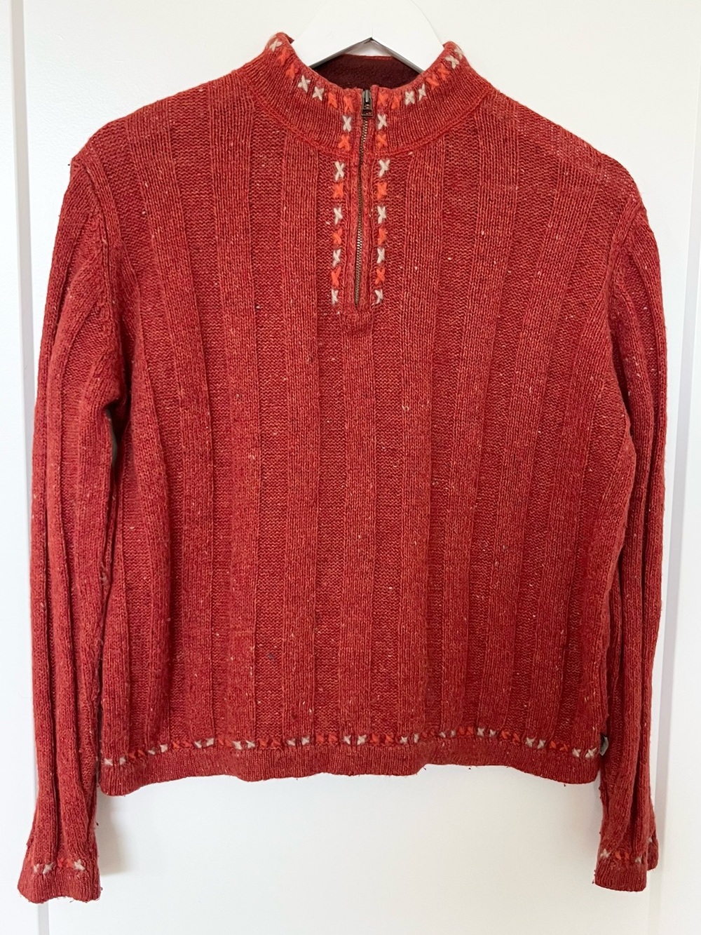 Woolrich Women Medium Orange Wool Blend Knit 1/4 Zip Sweater Embroidered Boho